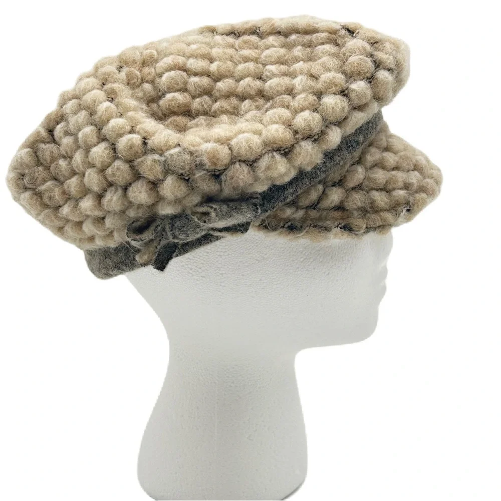 LaFenice Wool Blend Paperboy Cap Hat O/S Brim Slouchy Tan Gray Italy Artsy Boho - Picture 2 of 9